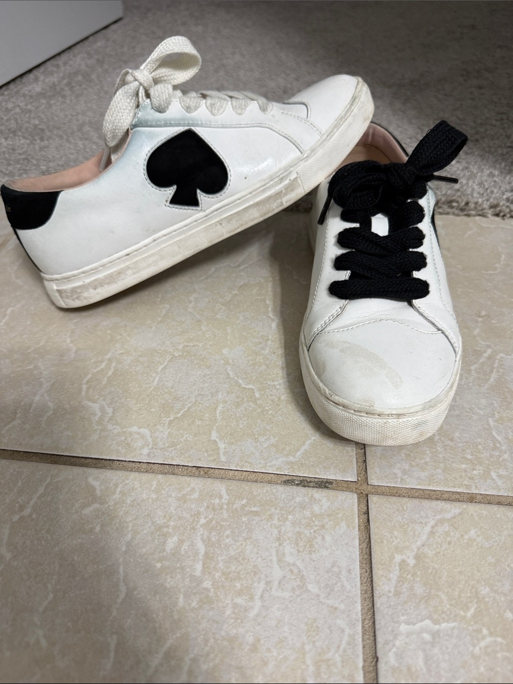 kate spade White Leather Sneakers with Black Spade Detail